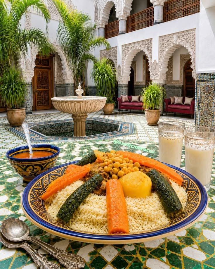 The riad courtyard with a fountain